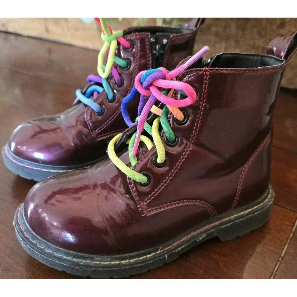 Hawkwell Girls Patent Burgundy Waterproof‎ Boots SZ 11 Rainbow Color Shoe Laces